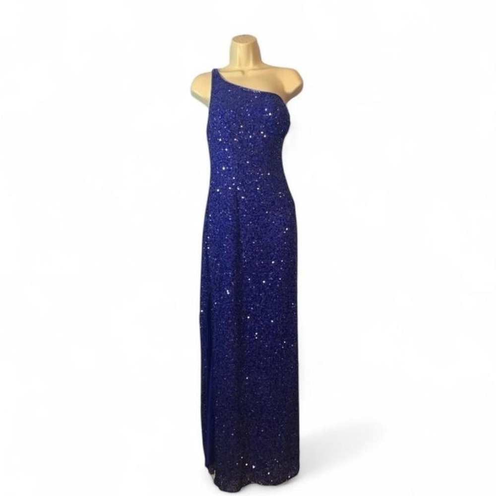 Scala Royal Blue One-Shoulder formal beaded sequin lattice back silk Gown size L